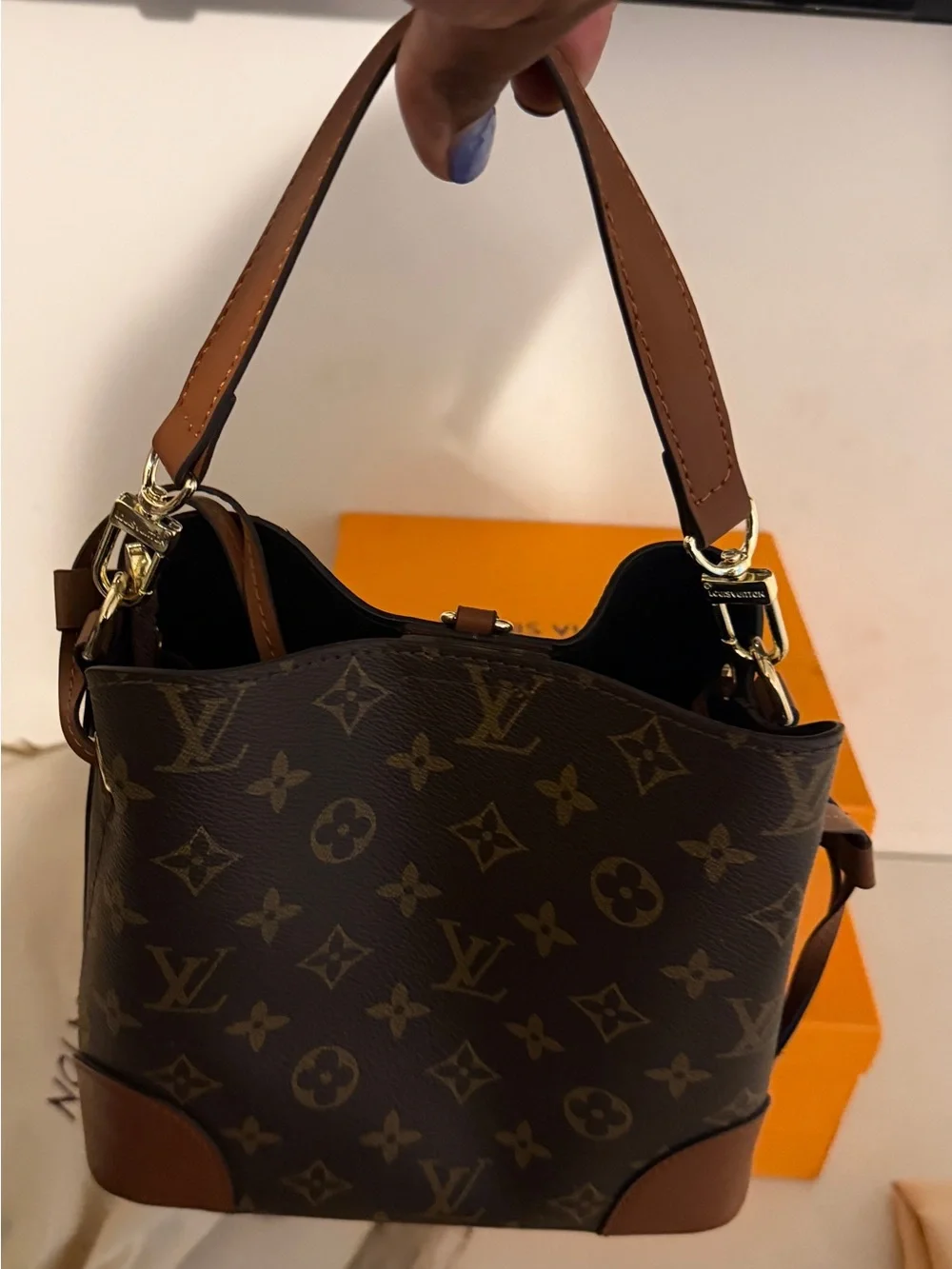 Monogram Canvas Bucket Shoulder Bag in Brown and Tan